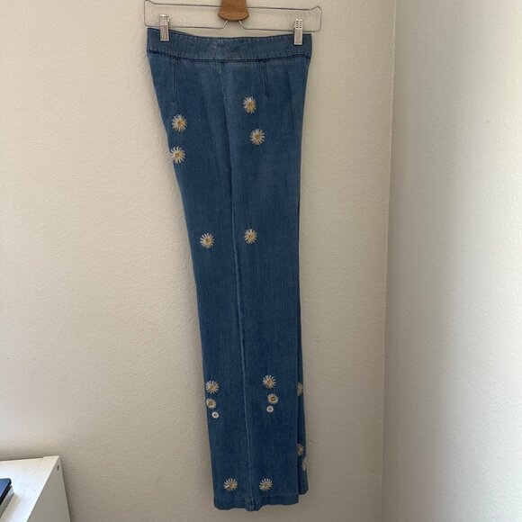 We The Free Embroidered Daisy Wide Leg High Rise Pants Cotton Flat Front Blue Sz - Picture 8 of 14